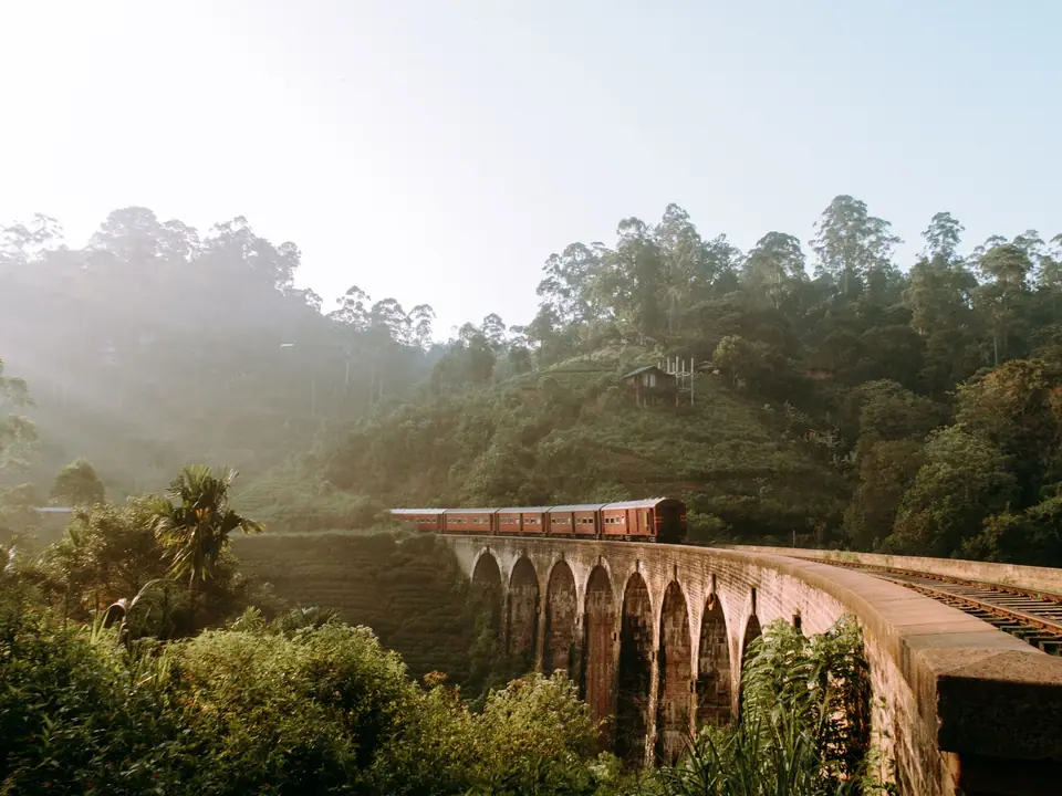 A train crossing the Nine Arches Bridge through the forest near Ella